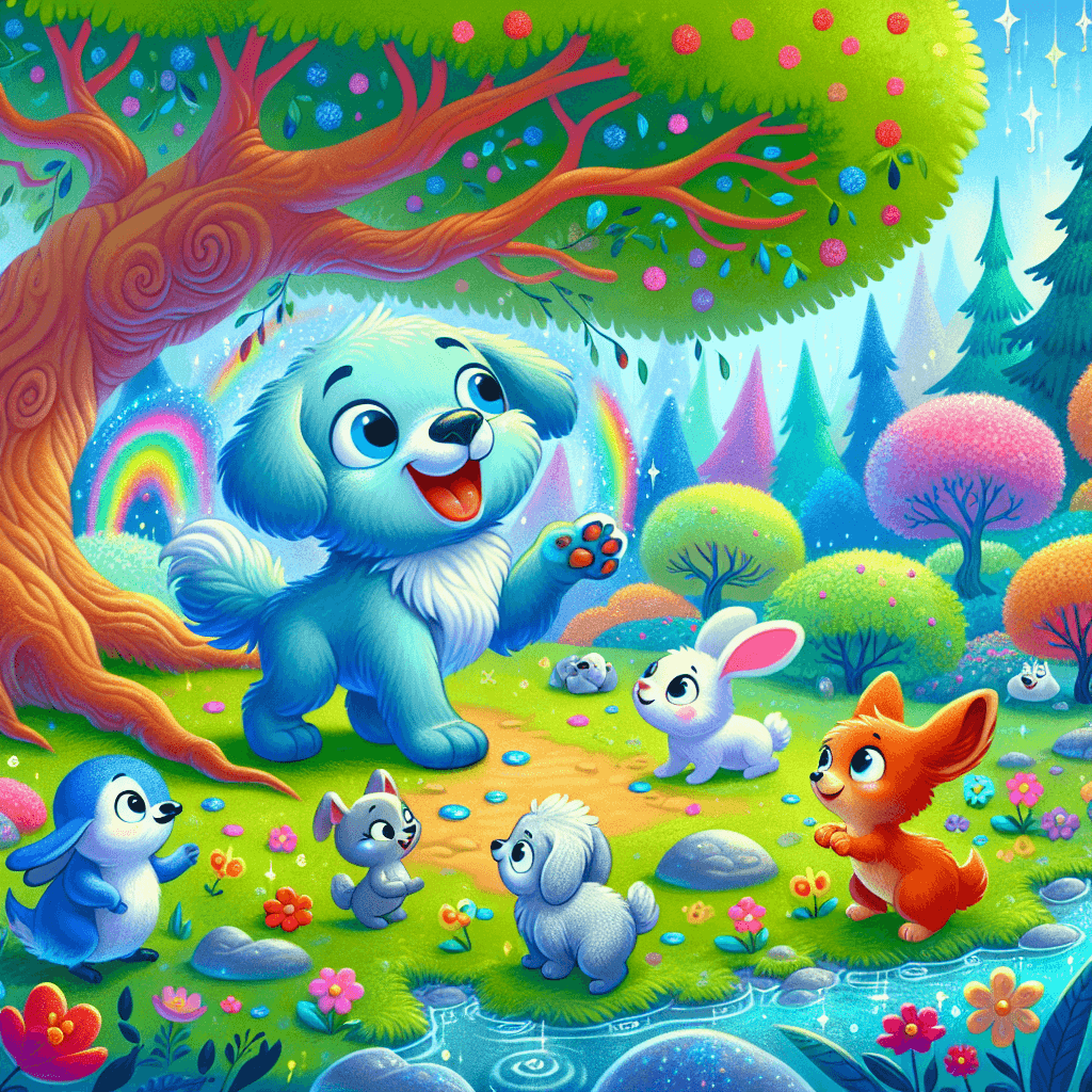 A cheerful cartoon-like dog named Bluey in a vibrant magical forest with talking animals, including a sad little rabbit standing under a big oak tree, surrounded by colorful flowers and glittering streams.