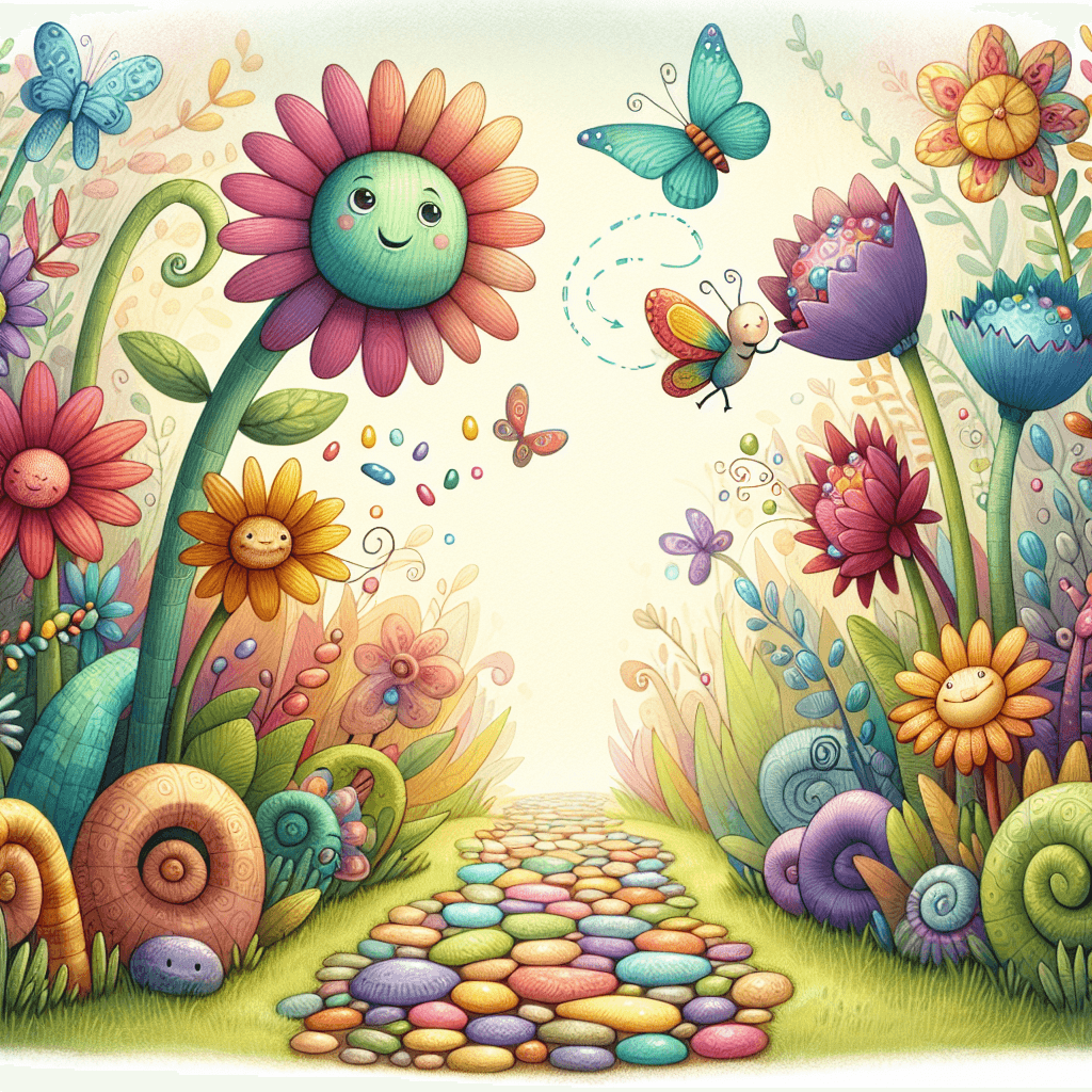 A vibrant enchanted garden filled with colorful, talking flowers, fluttering butterflies, and a whimsical pathway leading to an inviting secret area.