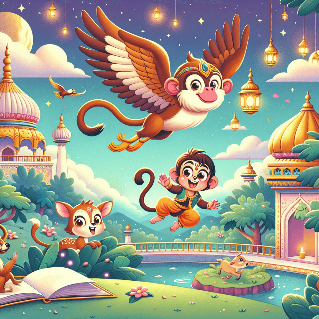 A vibrant depiction of Hanuman flying alongside a giant eagle above the lush and colorful landscape of Lanka, with golden palaces in the background and Sita looking out of a window.