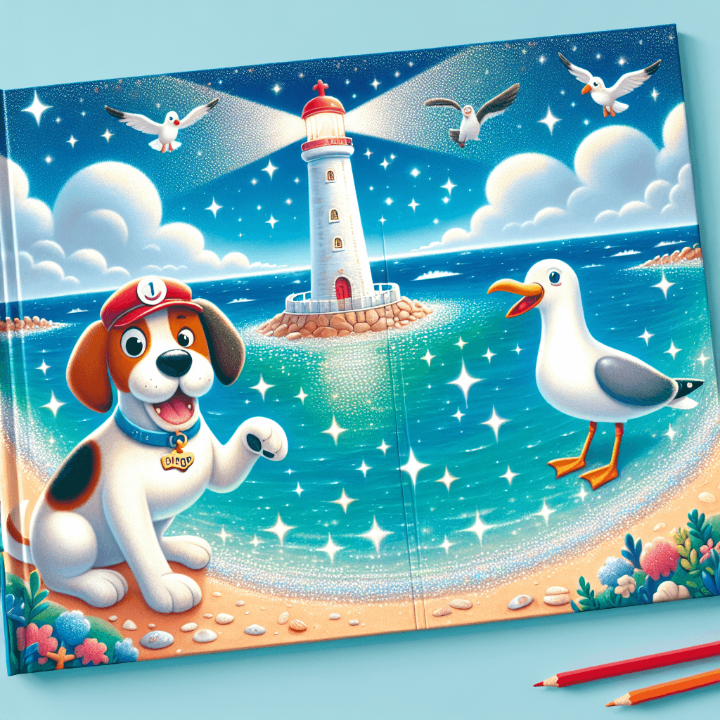 A colorful seaside scene with a playful dog named Bingo and a friendly seagull named Lucy by a tall white lighthouse with a red top, overlooking sparkling blue waters and a clear blue sky.