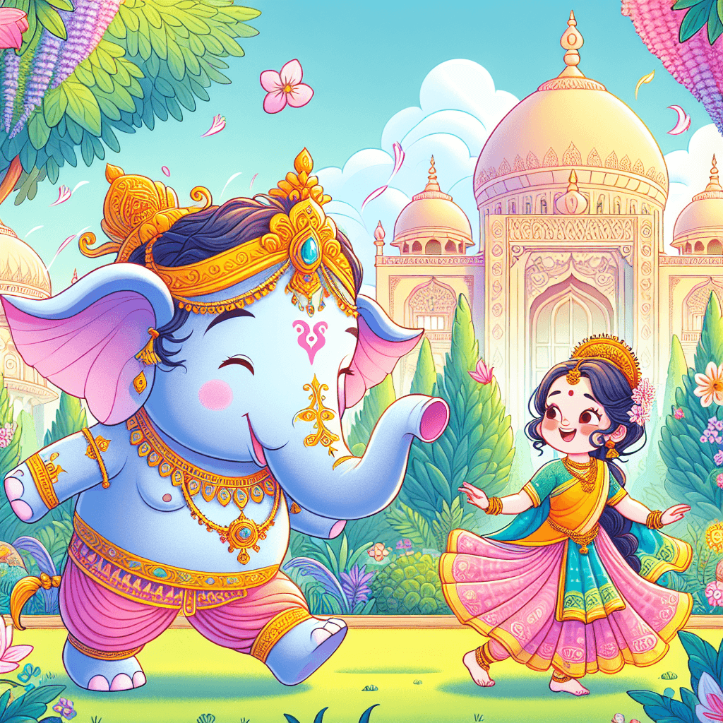 A vibrant scene depicting Yudhishthira and Draupadi walking through the lush gardens of Hastinapura toward a friendly giant elephant named Ganesha who is joyfully spraying water with his trunk.