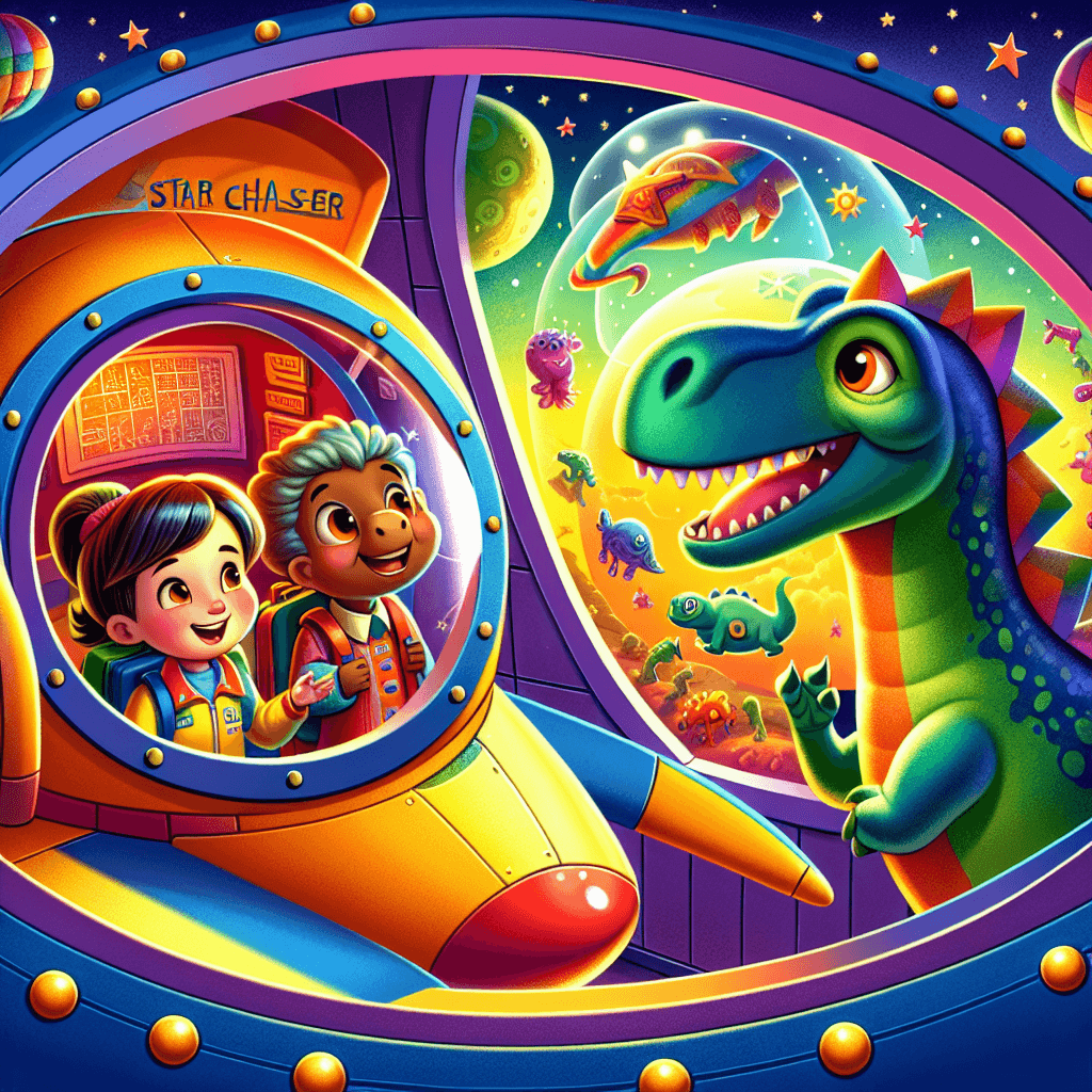 A colorful spaceship called the Star Chaser, with Bowser the dinosaur and Aditi the girl looking excited at a colorful planet outside the window, full of interesting creatures.