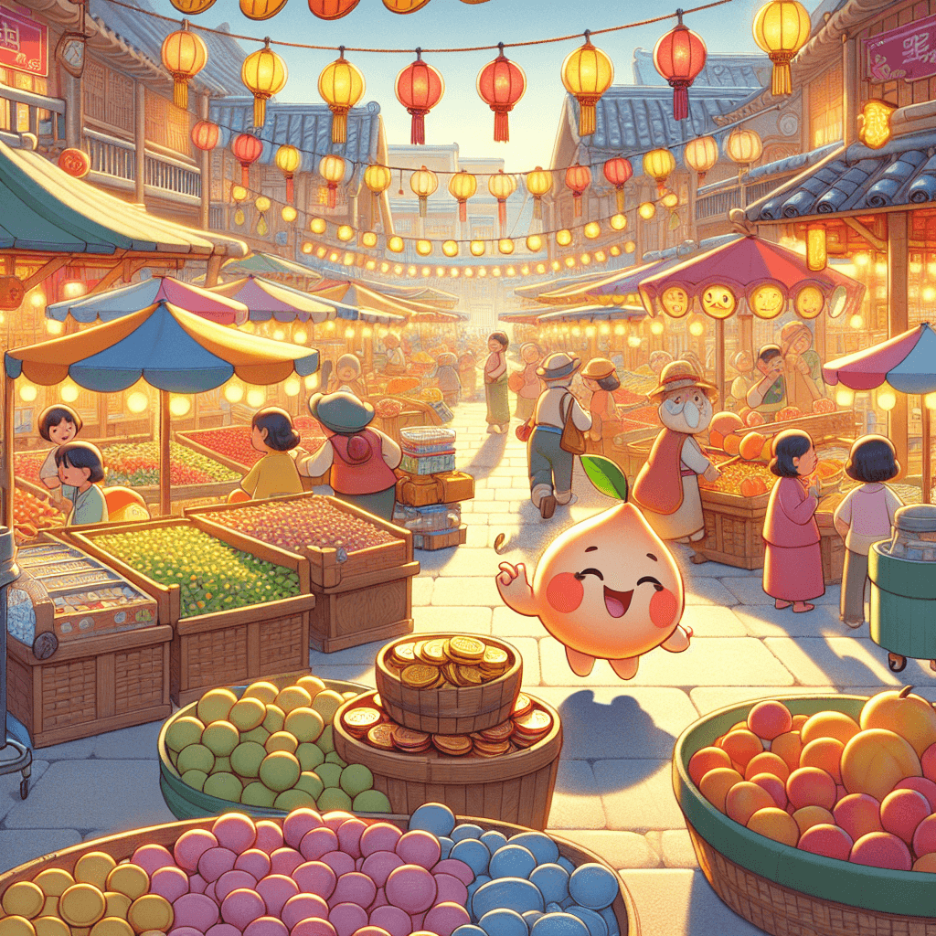 A colorful and busy marketplace with various stalls, people exchanging coins, and Peach happily exploring, resembling a video game-like scene.