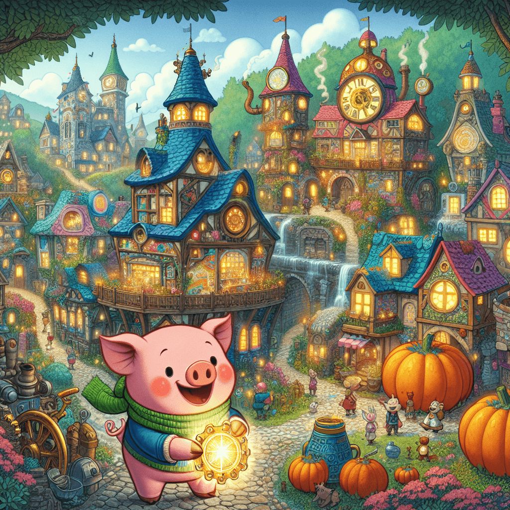 A vibrant, bustling village filled with talking animals and an enchanted forest in the background. In the center, a cheerful pig named George holds a shimmering key, surrounded by colorful houses and whimsical trees.