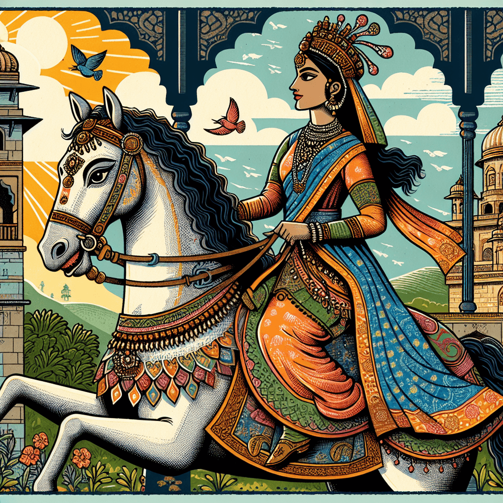 A colorful illustration of Rani Lakshmibai riding a horse, wearing her royal attire, with a brave expression, amidst the backdrop of the kingdom of Jhansi.